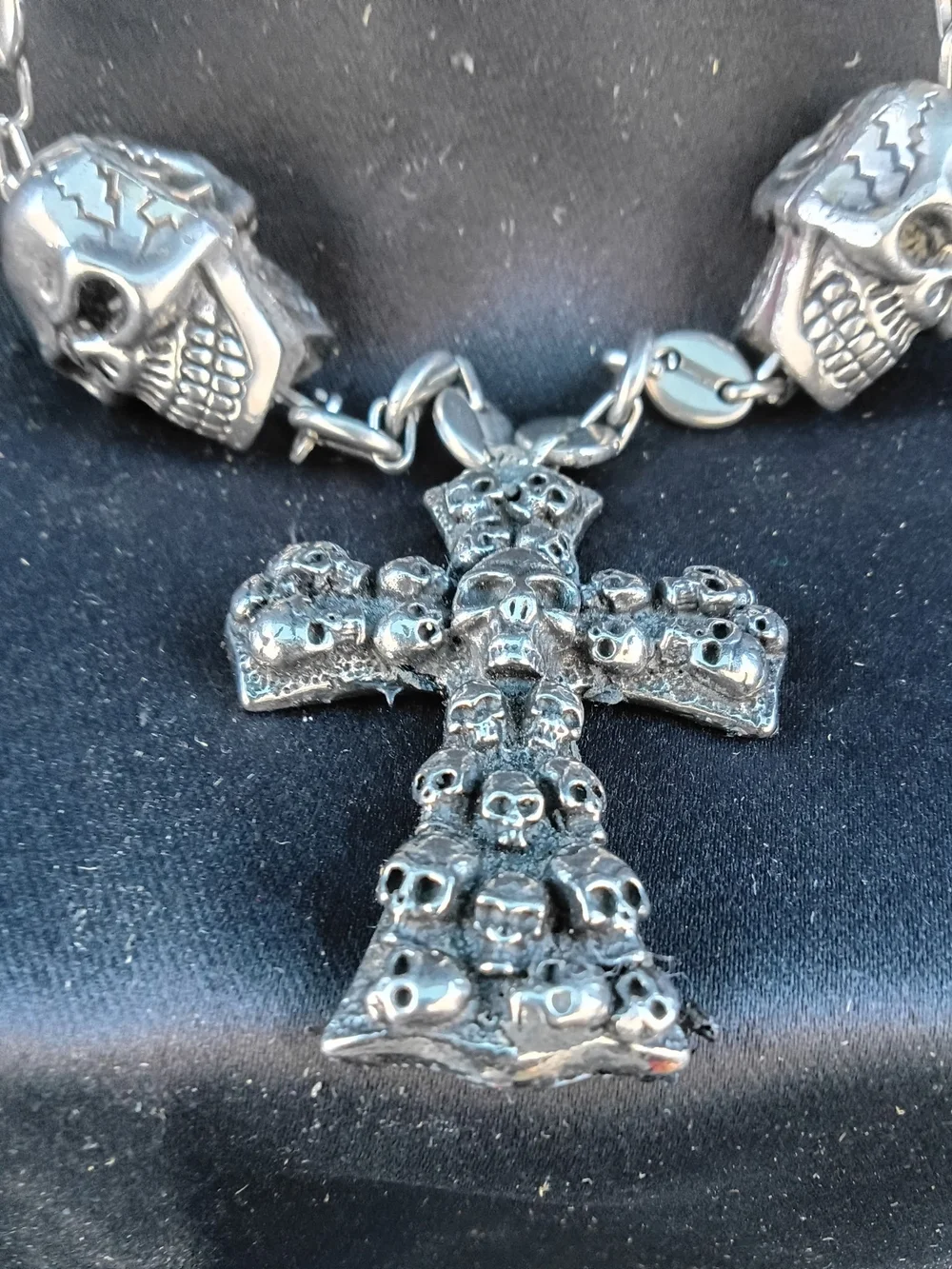 Men's Skull Link Cross Necklace - Silver Tone